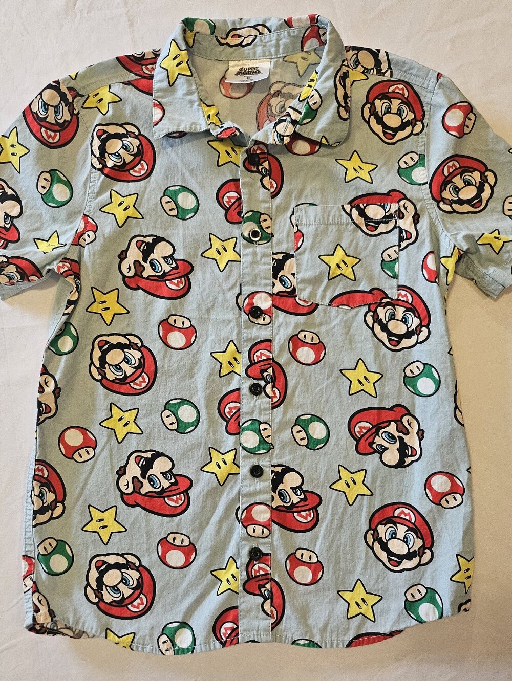 Nintendo Light Blue Short Sleeve Super Mario Print Button Down Shirt